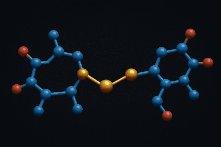 Peptide molecular structure model with blue, red, and gold atoms, illustrating peptide bonds and ami.