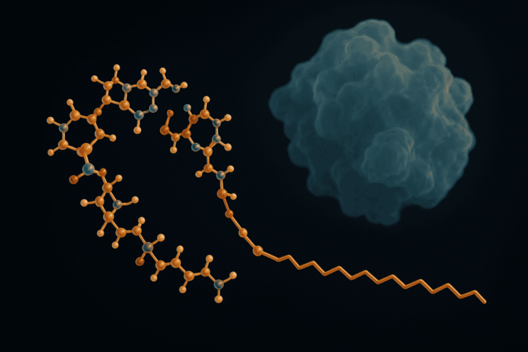 Peptide molecule structure with a cell in the background, emphasizing peptide synthesis and biotech.