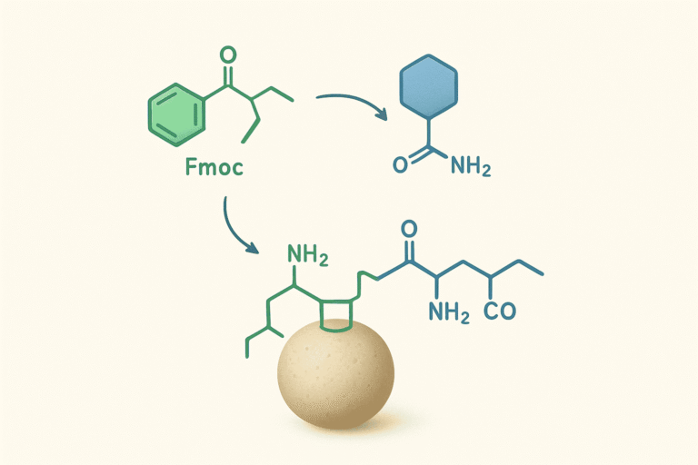 Illustration of peptide synthesis with chemical structures and a peptide ball model.