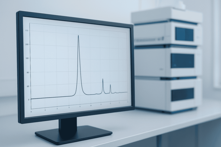 Laboratory research with peptide analysis on computer screen.