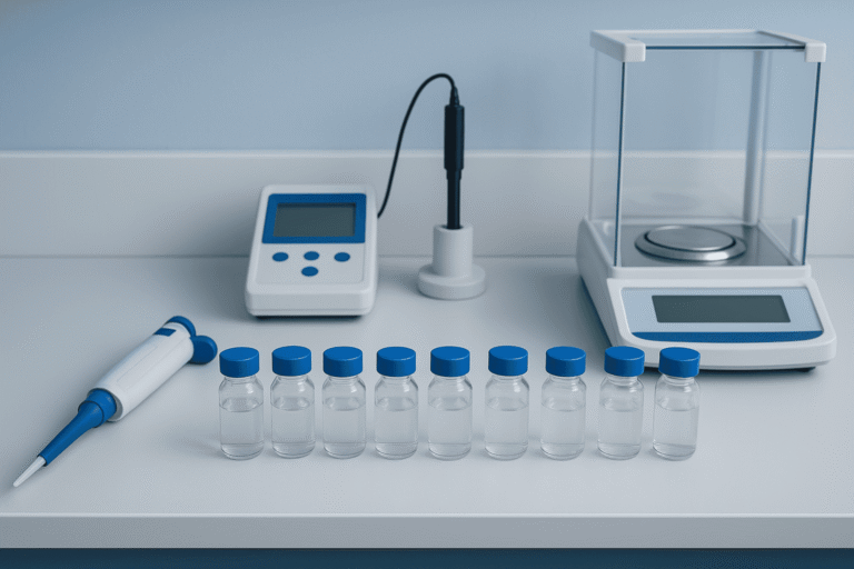 Laboratory setup with vials, scale, and pipette for peptide solubility testing.