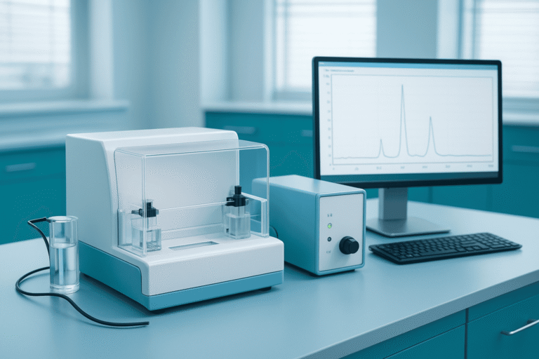 Peptide analysis instrument with computer and graph display.