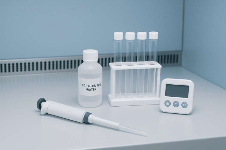 Laboratory endotoxin testing kit with water bottle, test tubes, and digital device.