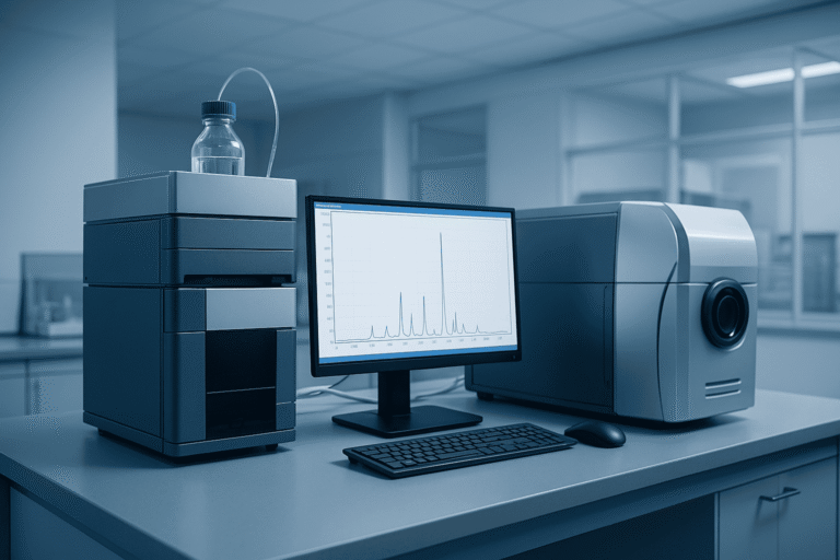Peptide analysis instrument with computer and lab equipment for research and quality control.