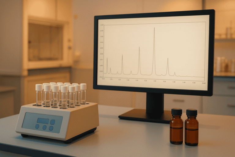 Laboratory setup with peptide vials and computer analysis for peptide research.