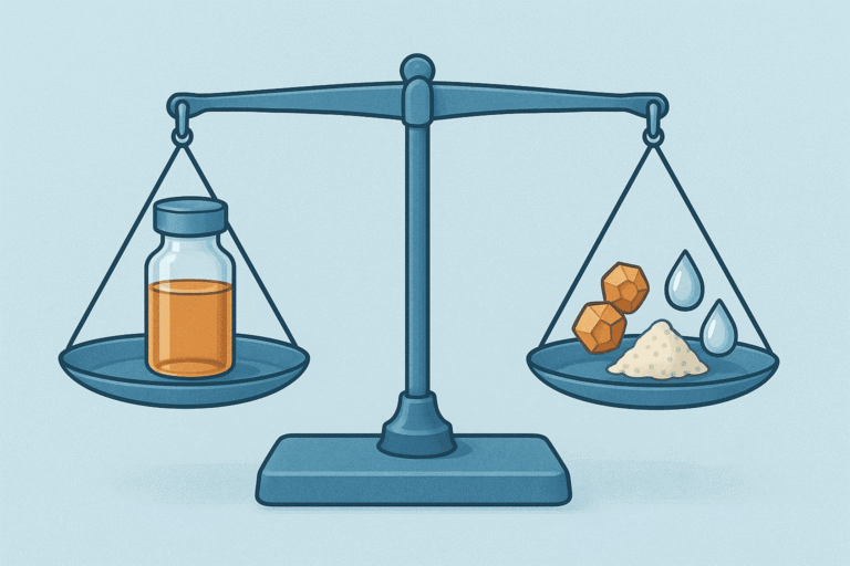 Illustration of a balance scale with a peptide vial and raw ingredients for quality assessment.