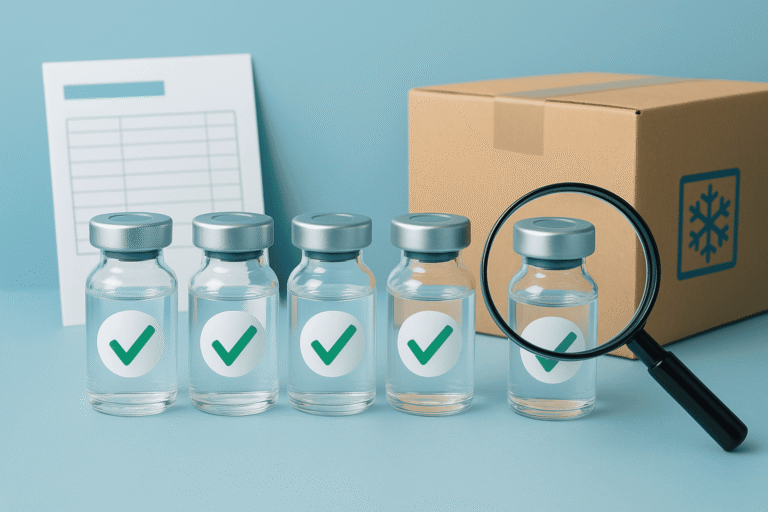 Vials of GLP-3 peptides with magnifying glass, packaging, and documentation for research.
