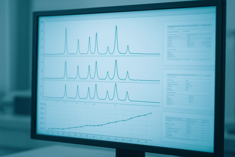 Laboratory screen showing peptide analysis and data charts for research.