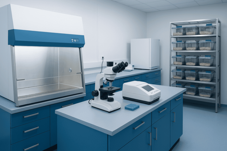 Laboratory with peptide research tools, including a microscope, storage shelves, and lab bench.