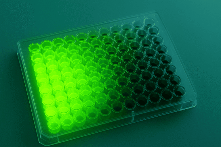 Green lab test tubes in a plastic tray for peptide analysis.