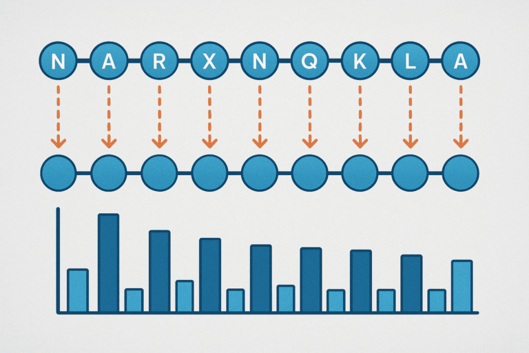 Peptide chain diagram showing amino acids and molecular data.