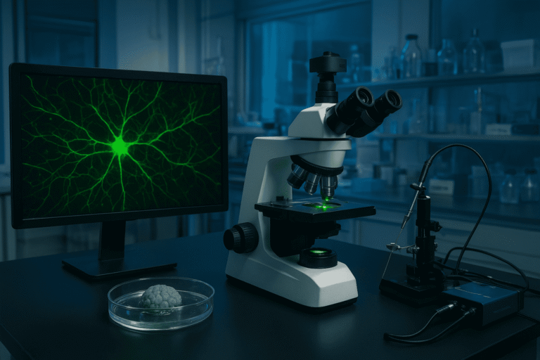 Microscope and computer displaying neural network images.