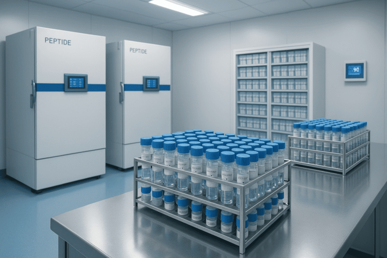 Laboratory storage of peptides in vials and freezers for research purposes.