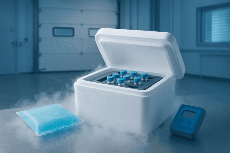 GLP-3 research peptides in a cooler for laboratory use.