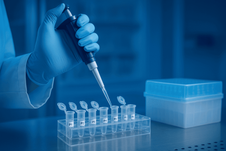 Aliquotting GLP-3 peptide into vials using a pipette for long-term storage.