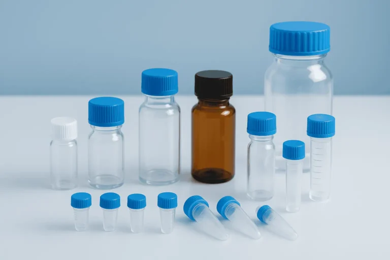 Collection of small and large glass bottles with blue caps, used for peptide storage.