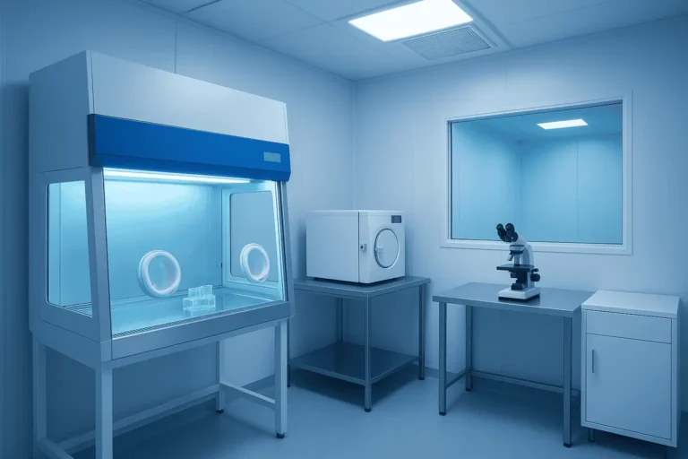 Laboratory with sterile equipment for peptide research and preparation.