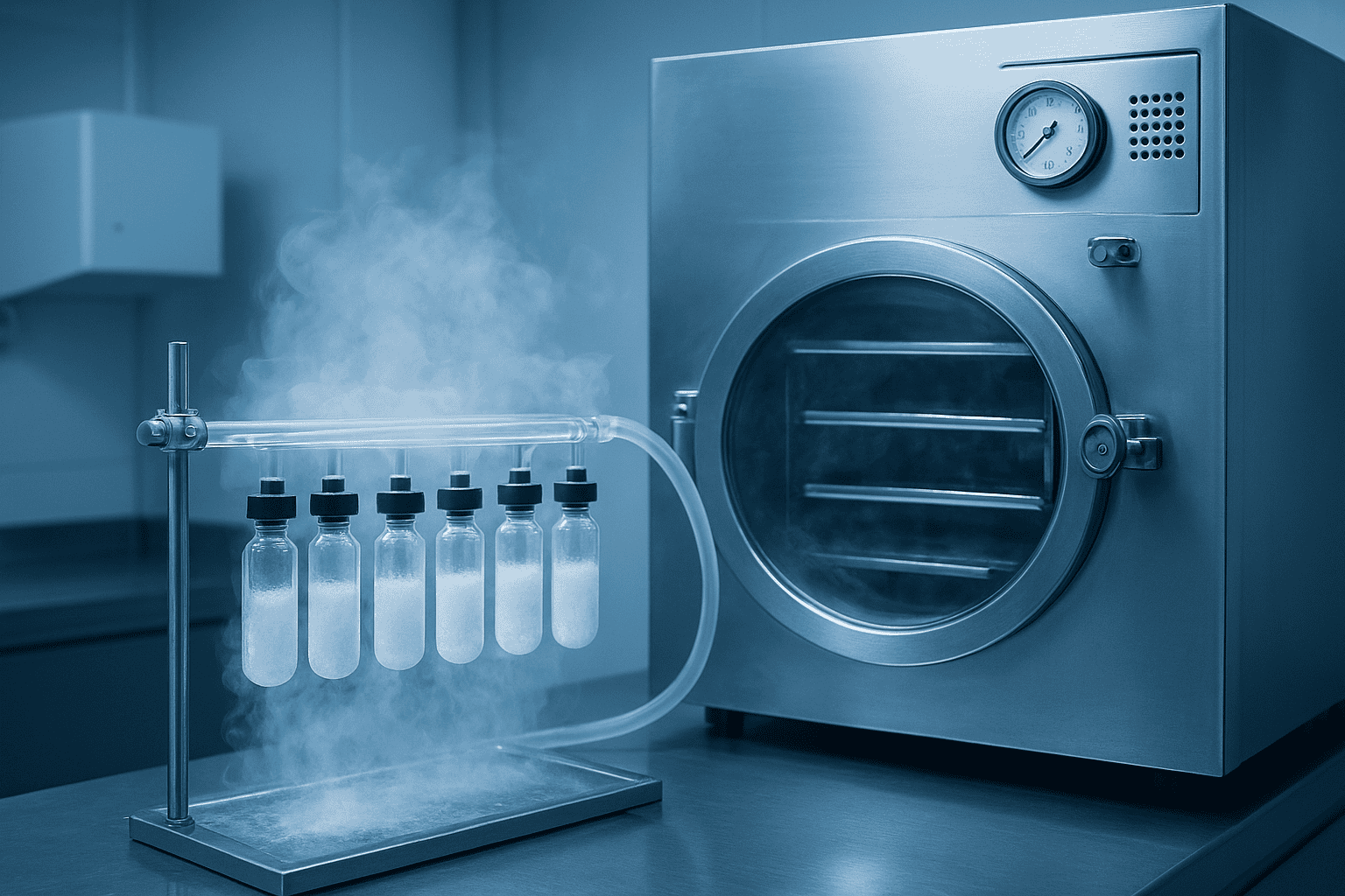 Laboratory with steam and test tubes for peptide powder synthesis.