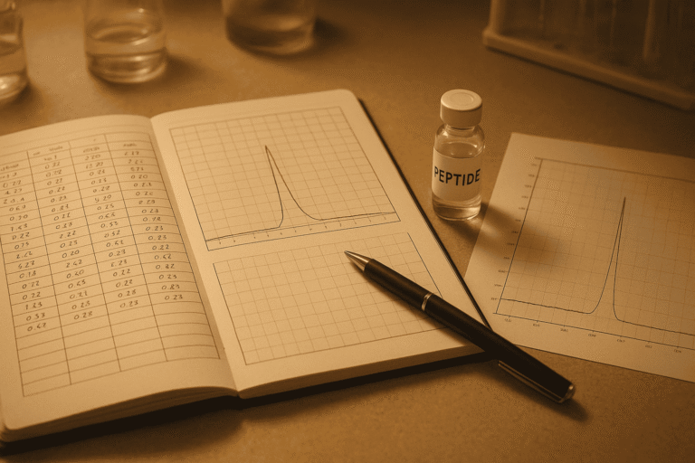 Laboratory scene with peptide data, graphs, and sample bottles for peptide research.