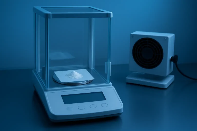 Precise weighing of peptide powder on a digital scale for GLP-3 reconstitution process.