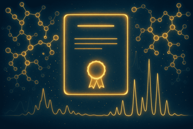 Certificate of achievement with molecular structures and heartbeat lines.