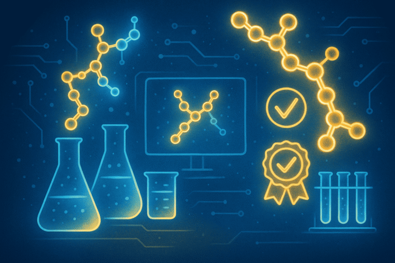 Scientific laboratory with chemical structures and test tubes for peptide research.