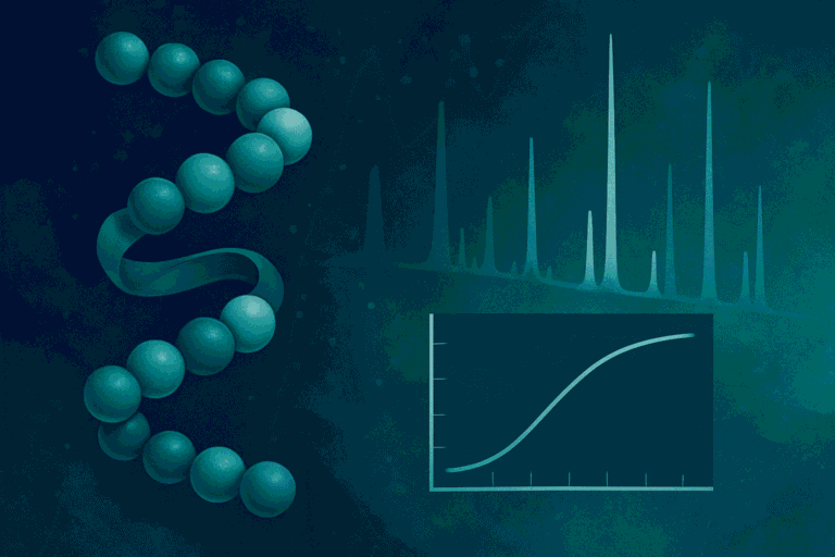 DNA helix with scientific data and graph for peptide research.