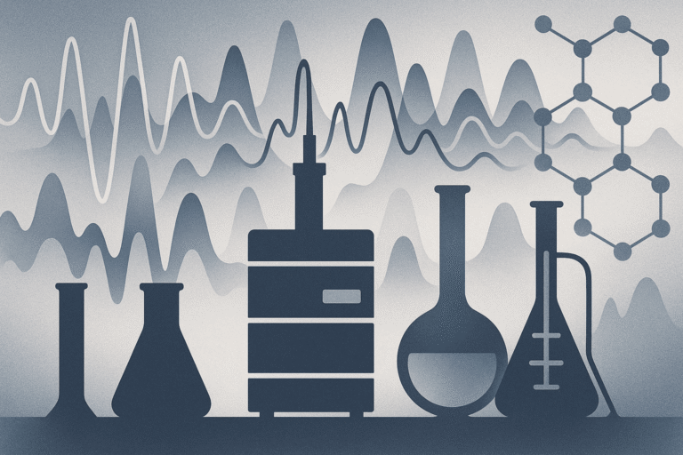 Scientific laboratory equipment with chemical flasks and molecular structures.