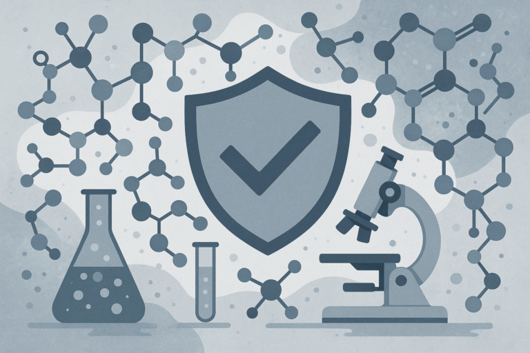 Laboratory science image with molecules, shield, and microscope for peptide research.