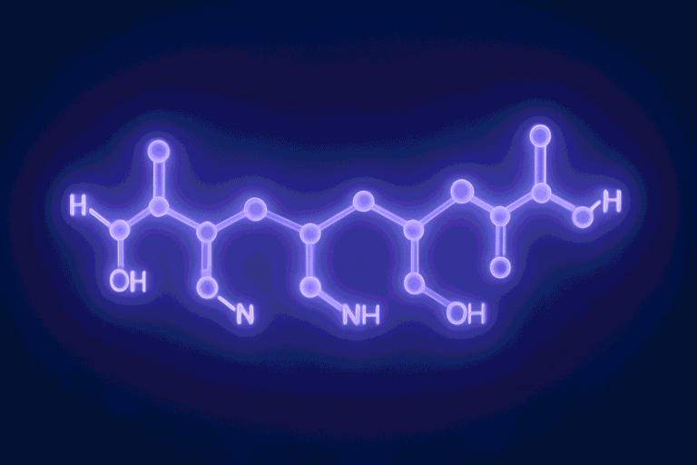 Glowing molecular structure of a brain peptide molecule on a dark background.