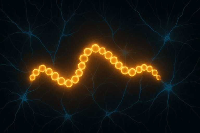 Illustration of neural activity with glowing neuron connections and a pulsating chain of nodes.