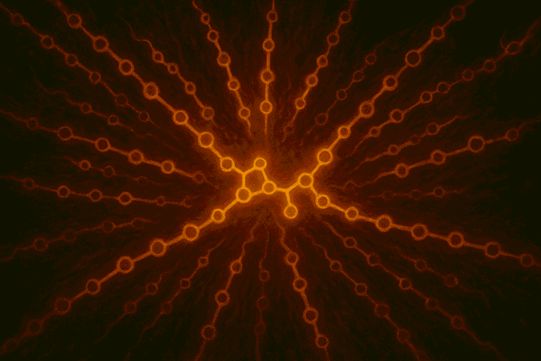 Digital neural network with interconnected nodes and glowing pathways.