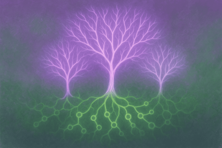 Neural network tree with glowing branches and roots, representing connectivity, growth, and innovati.