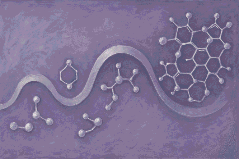 Artistic illustration of peptide molecules and chemical bonds on a purple background.