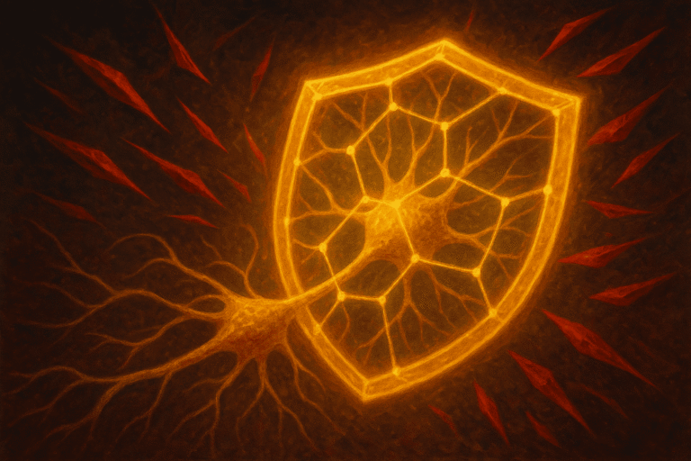 Glowing neural network connected to a shield symbolizing protection and immunity.