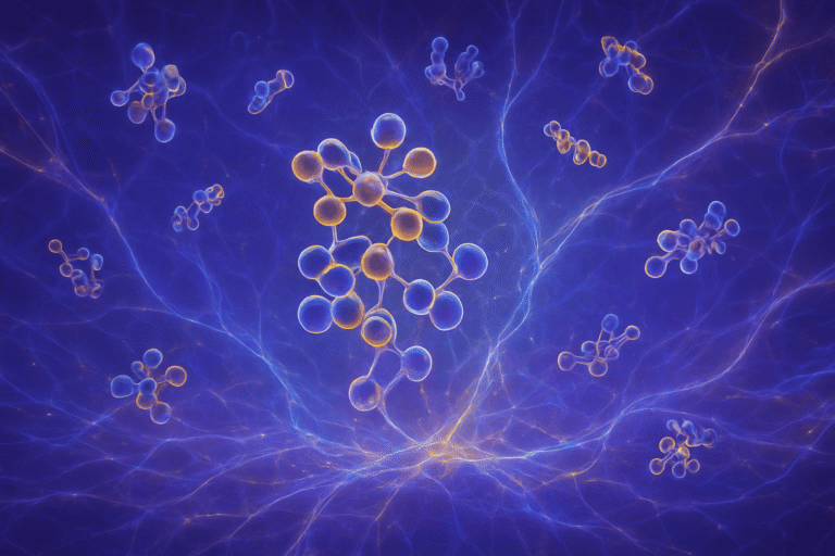 Artistic visualization of peptide molecules with neural network effects, emphasizing peptide researc.