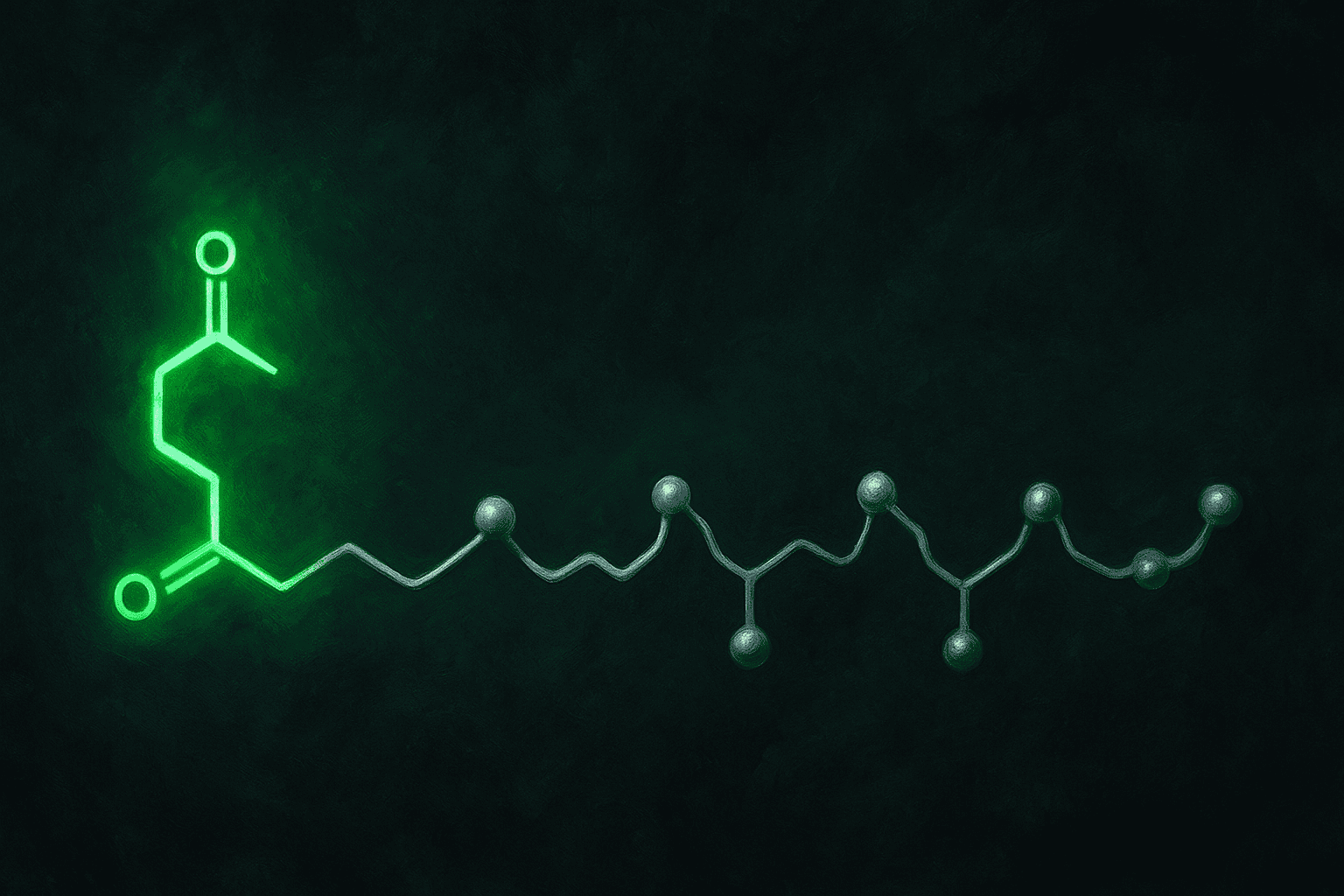 Glowing green molecular structure representing peptides, related to Tesamorelin.