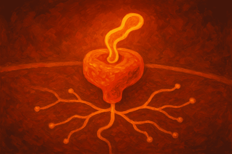 Neuron with synaptic connections, highlighting neural communication and peptide interactions.