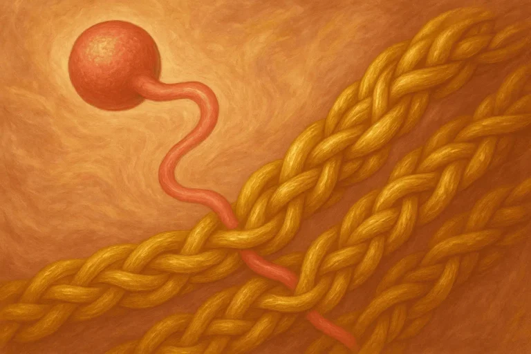 Illustration of sperm approaching a hair strand, representing hair growth and repair.