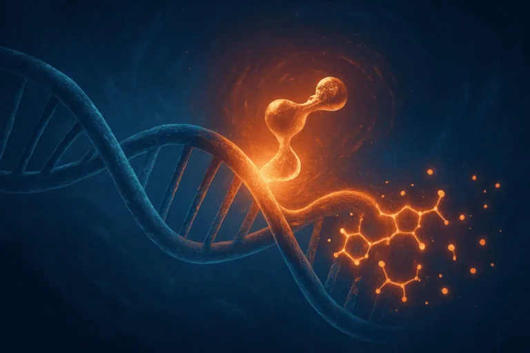 Illustration of DNA and peptide molecules for biotech and peptide research.