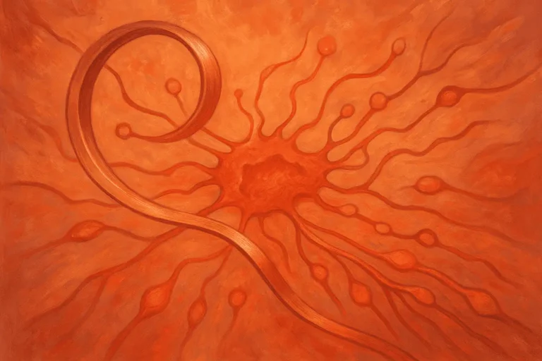 Artistic depiction of a neuron with synapses, highlighting peptide interactions for neural health.
