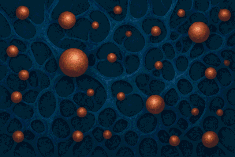 Molecular model of peptides with spherical atoms on a dark blue background.