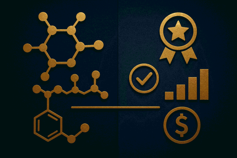Peptide molecular structures with quality and certification icons for research.