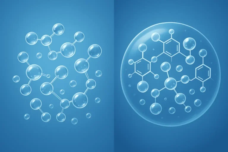 Scientific molecular structures of peptides on a blue background.