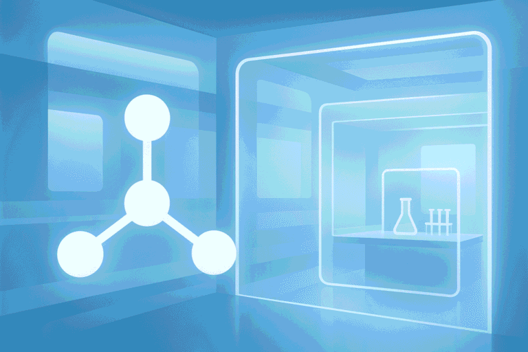 Modern laboratory with molecular structure and test tubes, emphasizing peptide research.