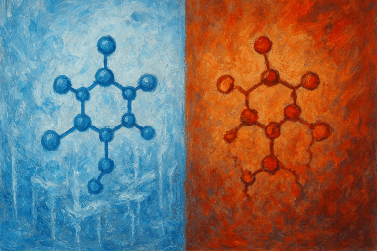 Artistic depiction of molecular structures in blue and red, representing peptides.