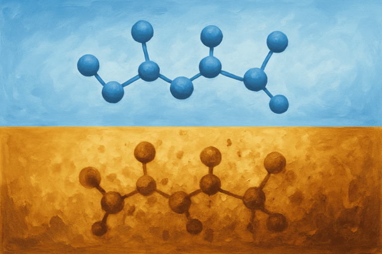 Illustration of peptide molecules in blue and brown colors for health and fitness.