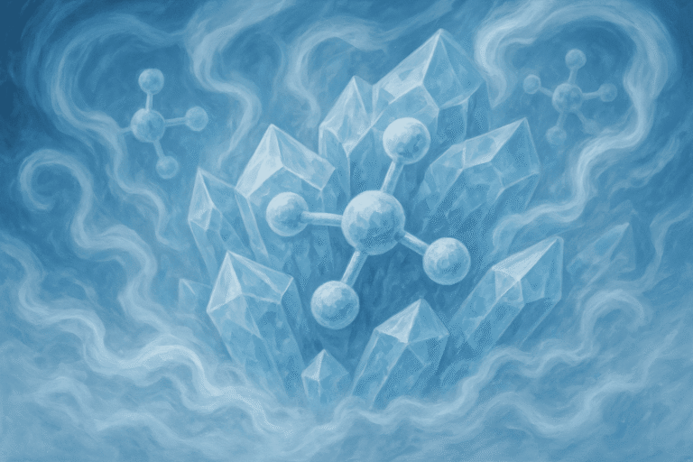 Peptide crystal structure surrounded by ice-like formations, representing scientific research and mo.