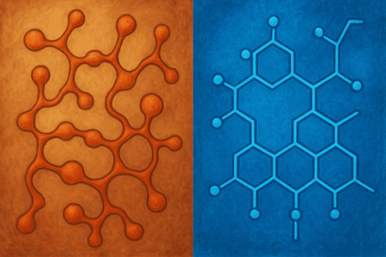 Illustration of peptide and chemical molecular structures for health optimization.
