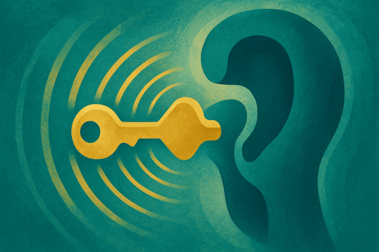 Hearing aid icon with sound waves for improved hearing solutions.